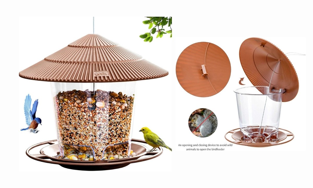 An image collage featuring a brown, lantern-style hanging bird feeder. The main image on the left shows the feeder filled with a mix of bird seeds, with a bluebird flying towards it and a yellow bird perched on the circular feeding tray at the base. On the right, two smaller images detail the feeder's features: one shows the lid being opened and closed, and the other shows a squirrel on the feeder, highlighting an "opening and closing device to avoid wild animals to open the birdfeeder."