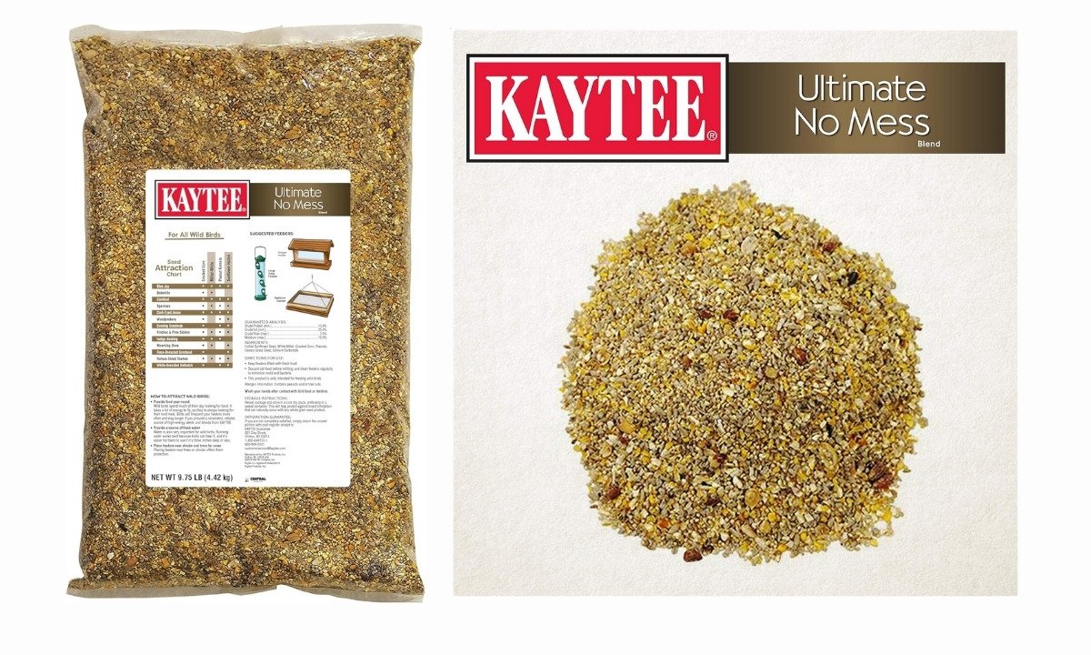  A 9.75-pound clear bag of Kaytee Wild Bird Ultimate No Mess food, next to a pile of the fine, ground seed mix.