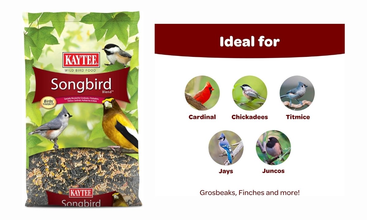  A bag of Kaytee Songbird Blend bird food next to a graphic listing the birds it is ideal for, including Cardinals, Chickadees, Titmice, Jays, and Juncos.