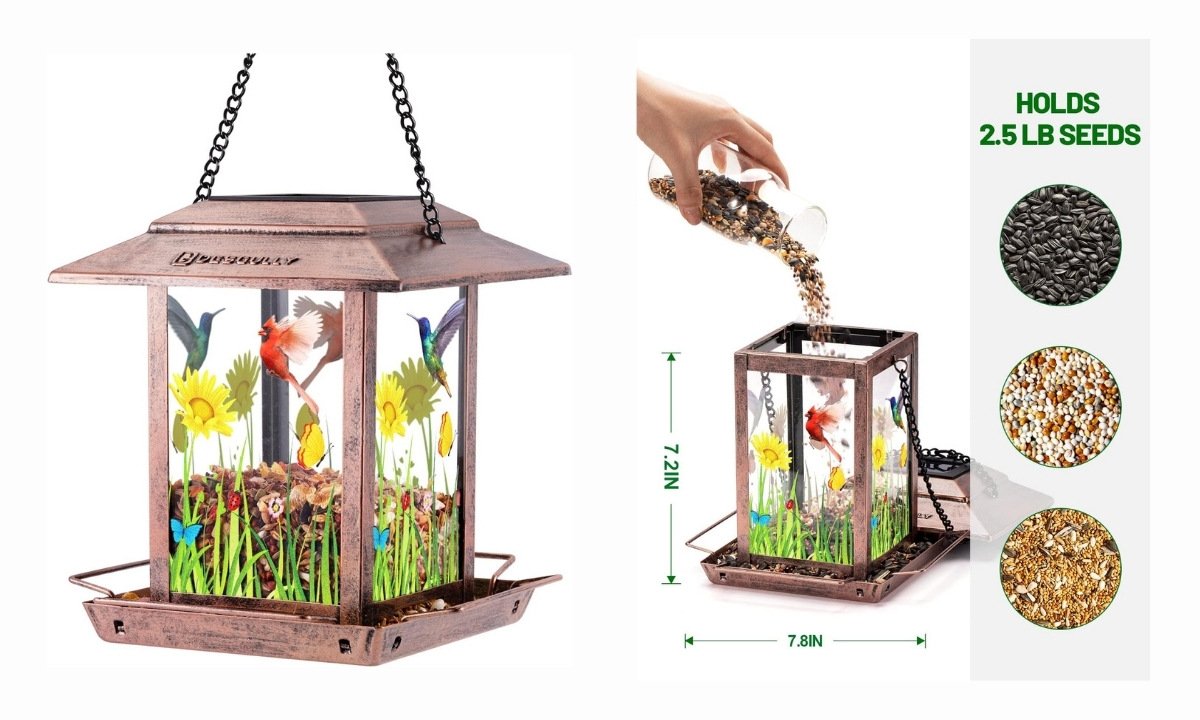A two-panel image advertising a solar-powered, lantern-style bird feeder. The main image on the left shows the hanging feeder, which has a metallic bronze finish. Its clear side panels are decorated with colorful images of sunflowers, hummingbirds, a cardinal, and butterflies, and it is filled with birdseed. The right panel highlights the feeder's features. A hand is shown pouring seeds into the top opening. Arrows indicate its dimensions (7.8 inches wide by 7.2 inches high), and text at the top reads, "HOLDS 2.5 LB SEEDS." Three circular insets display different types of compatible seeds: black oil sunflower seeds, a white and red millet mix, and cracked corn.