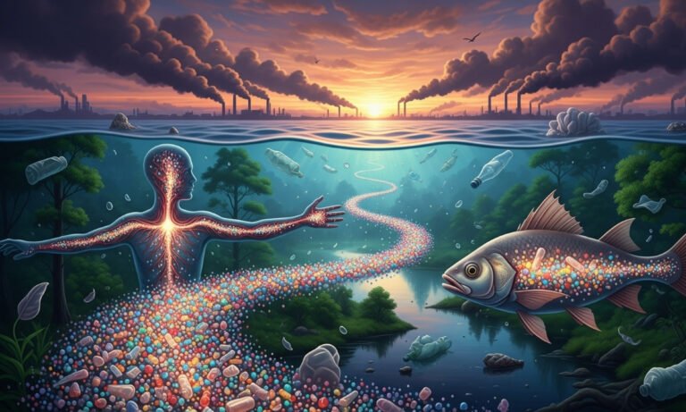 A surreal and artistic digital painting that visually represents the health effects of microplastics. The image is split between an underwater scene and a polluted industrial skyline at sunset. Underwater, a human figure and a fish are shown with their internal structures illuminated, revealing a swirling river of colorful microplastic particles flowing through their bodies. Plastic bottles and debris float in the water around them, while smoke from factory chimneys pollutes the sky above. This image serves as a powerful metaphor for the widespread impact of microplastic contamination on both humans and animals.