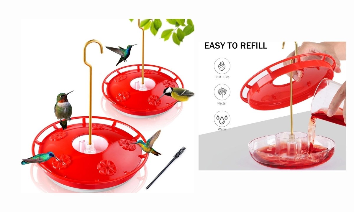 A composite image advertising a red, saucer-shaped hummingbird feeder. The left side of the image displays two of the feeders hanging from golden hooks, with several hummingbirds and another small bird feeding from the flower-shaped ports. A small cleaning brush is also shown. The right side of the image, labeled "EASY TO REFILL," demonstrates how the feeder works. A person is lifting the red lid and pouring red liquid nectar into the clear saucer base. Icons indicate it can be filled with fruit juice, nectar, or water.
