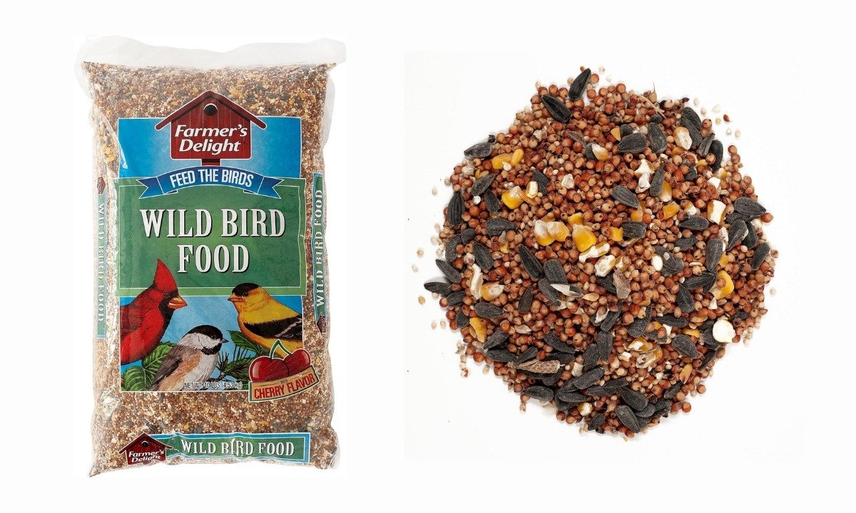  A bag of Wagner's Farmer's Delight Wild Bird Food with Cherry Flavor, next to a pile of the seed mix showing sunflower seeds, millet, and cracked corn.