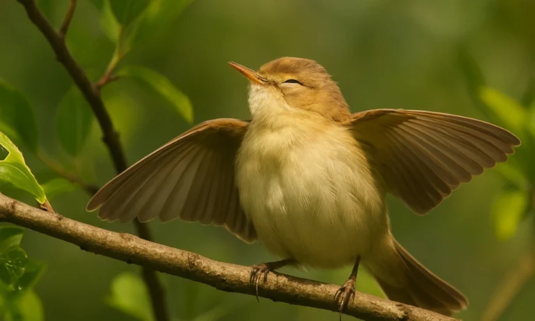 Small brown warbler perched on a branch with wings partly spread, eyes closed, sunbathing peacefully among green leaves.