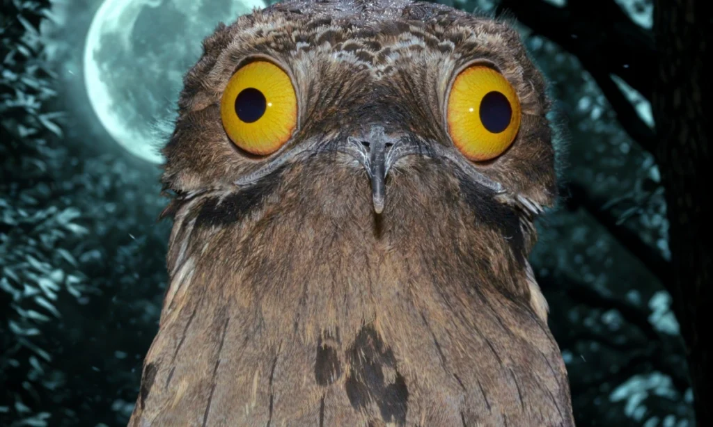 A striking close-up of a Great Potoo, the ghost bird, with its huge, eerie yellow eyes glowing against a dark, moonlit forest background.