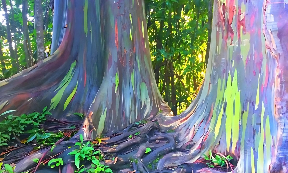 The massive, buttressed roots and trunks of two rainbow eucalyptus trees in a lush, green forest, with their bark displaying muted tones of blue, purple, and patches of bright lime green.