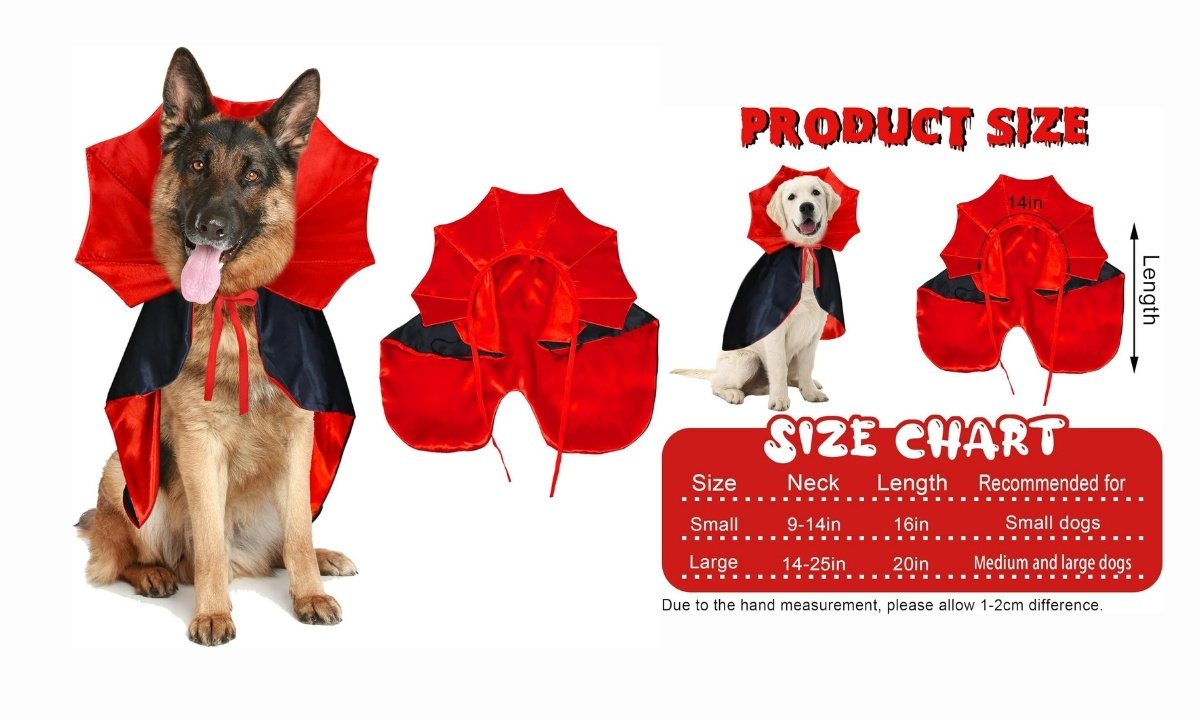 A German Shepherd looking majestic in a red and black vampire Halloween costume with a large, stand-up collar.