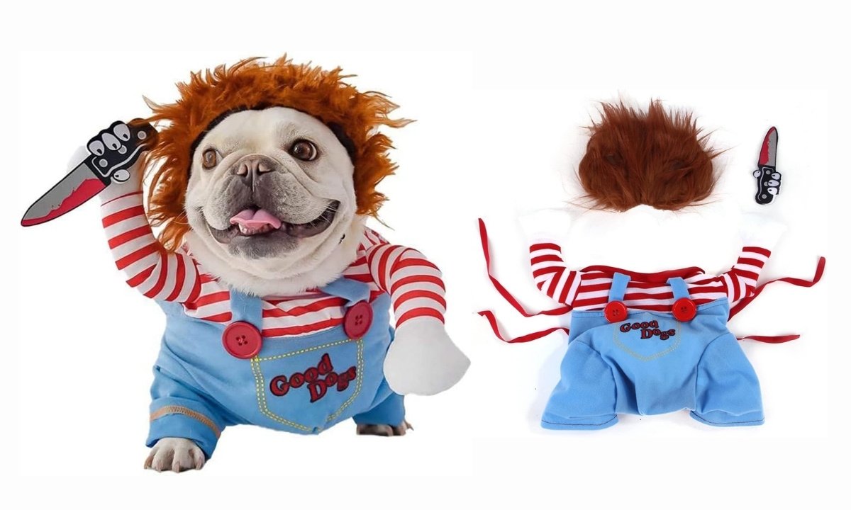 A French Bulldog wearing a funny Deadly Doll Halloween costume, complete with a red wig and holding a prop knife.