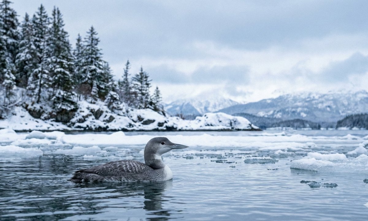 Common Loon floating on calm winter water exhibiting non-breeding gray and white plumage, distinct from its summer black and white colors.