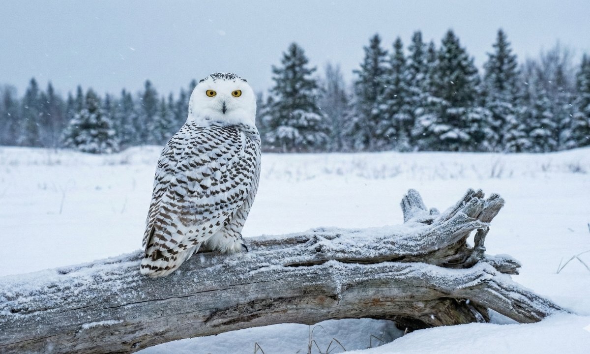 Male Snowy Owl (Bubo scandiacus) perched on a frozen log near the water, a popular sighting in the Great Lakes region during winter 2025