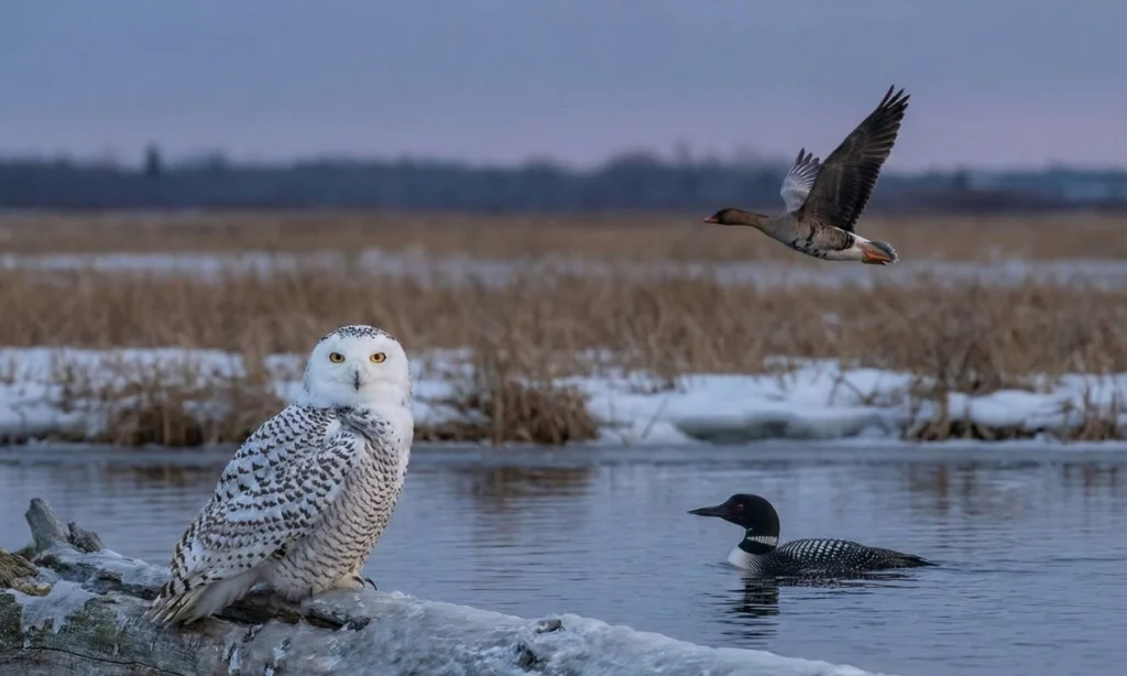 Winter landscape collage featuring trending USA birds of 2025: A Snowy Owl perched on icy driftwood, a Common Loon swimming in winter plumage, a Tundra Bean-Goose in flight, and urban raptors (Cooper's Hawk and Peregrine Falcon) in the sky.