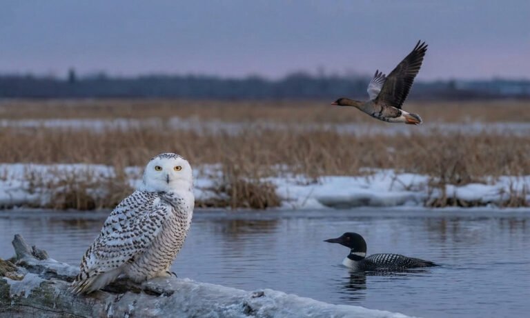 Winter landscape collage featuring trending USA birds of 2025: A Snowy Owl perched on icy driftwood, a Common Loon swimming in winter plumage, a Tundra Bean-Goose in flight, and urban raptors (Cooper's Hawk and Peregrine Falcon) in the sky.