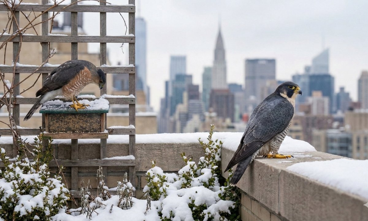 predatory birds in winter sky: Cooper's Hawk and Peregrine Falcon hunting over a landscape, representing the rise of urban birding trends