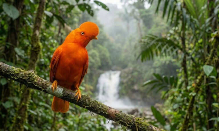 A brilliant male Guianan Cock-of-the-Rock, showcasing its incredible orange plumage in its natural jungle habitat. Venezuela