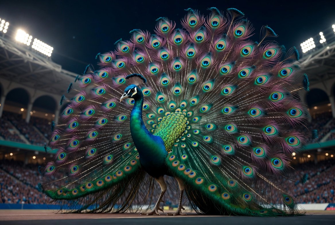 Peacock displaying vibrant feathers in dramatic natural scene