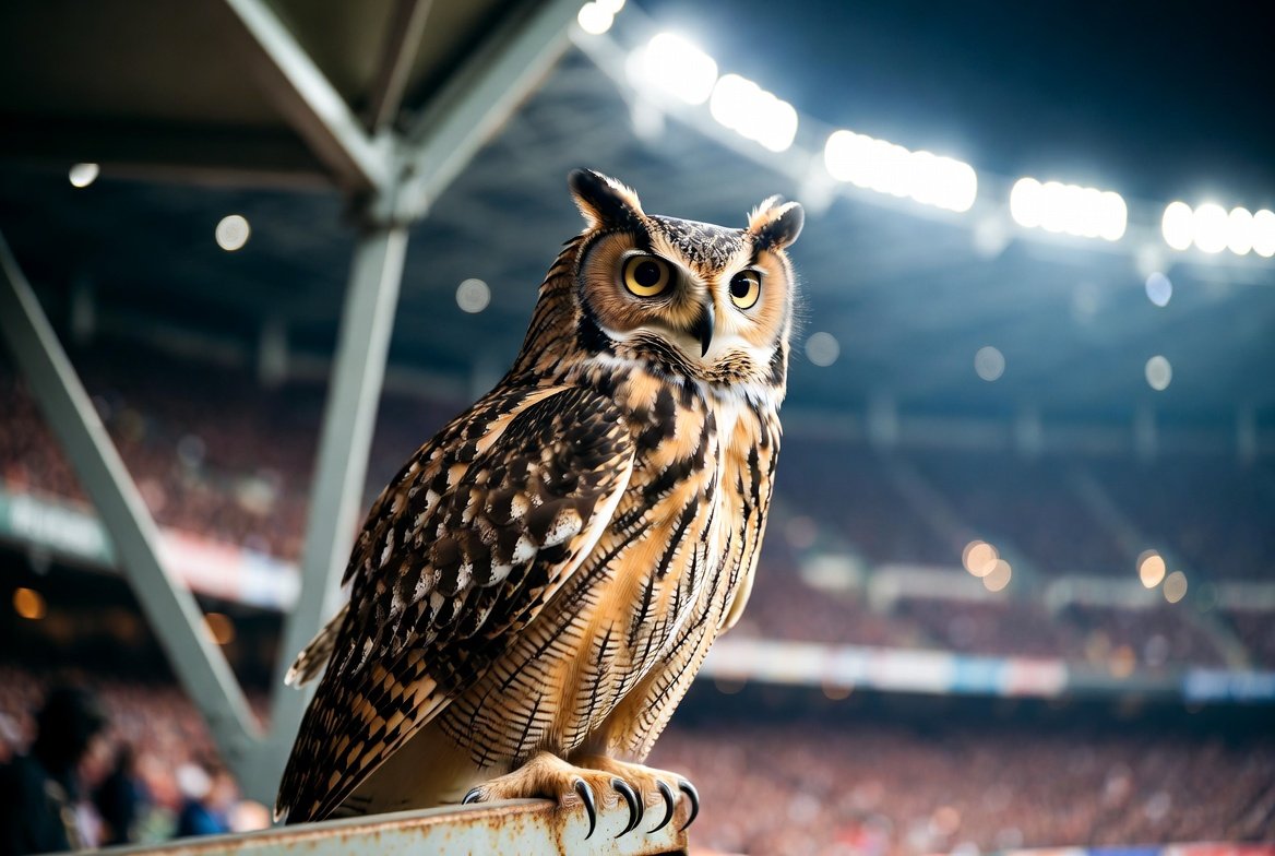 Owl staring forward with intense gaze under low light