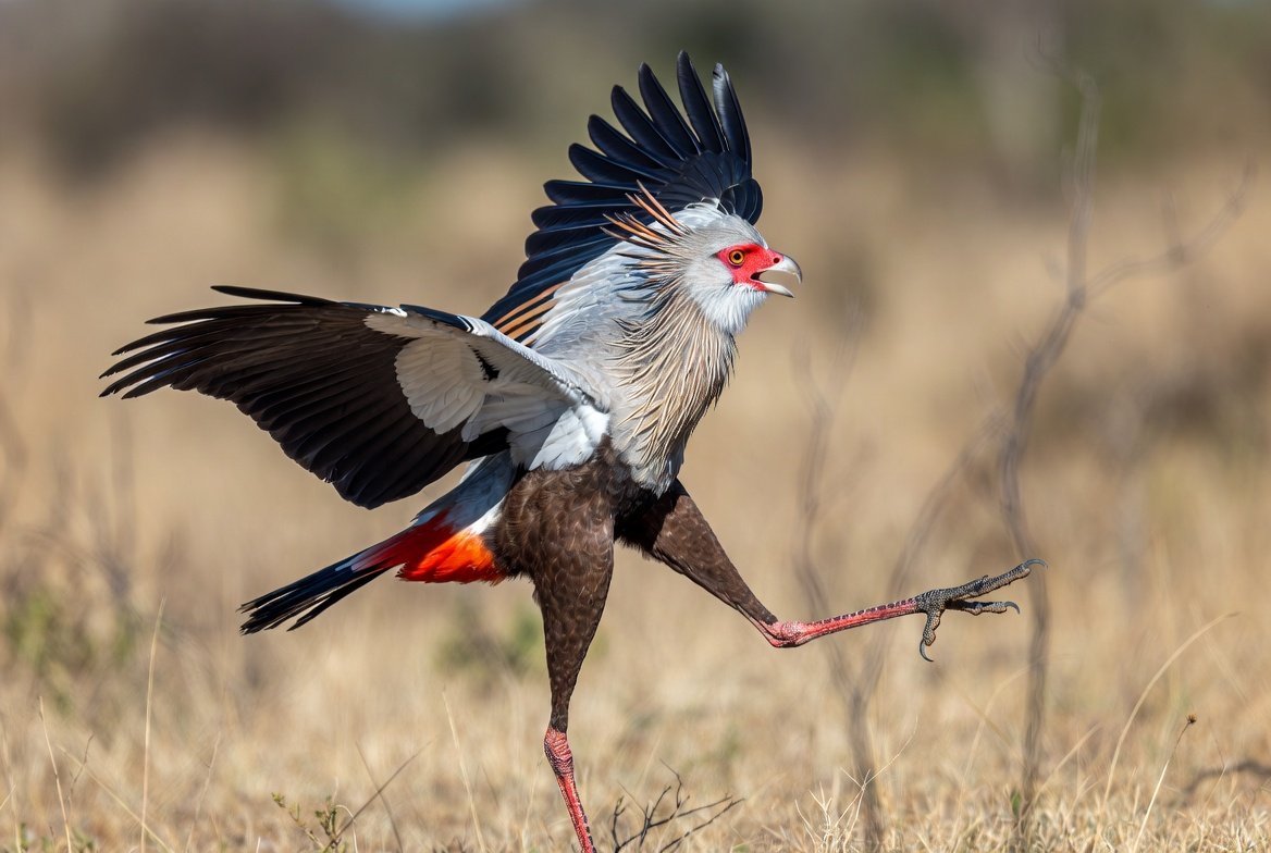 Secretary bird delivering a precise strike on open ground