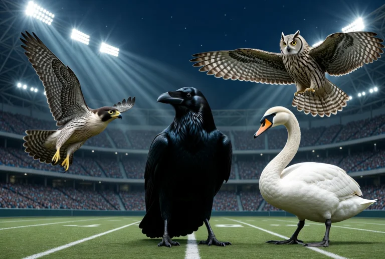 Illustration of birds playing a Super Bowl-style football game inside a stadium, featuring a raven, peregrine falcon, owl, and swan