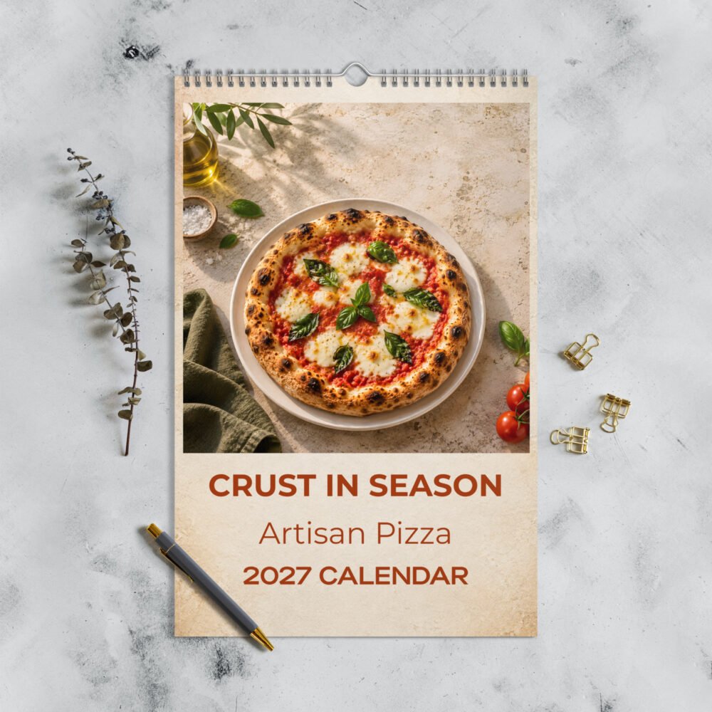 Crust in Season 2027 pizza calendar cover featuring a Margherita with tomato, mozzarella and basil on an ivory plate.
