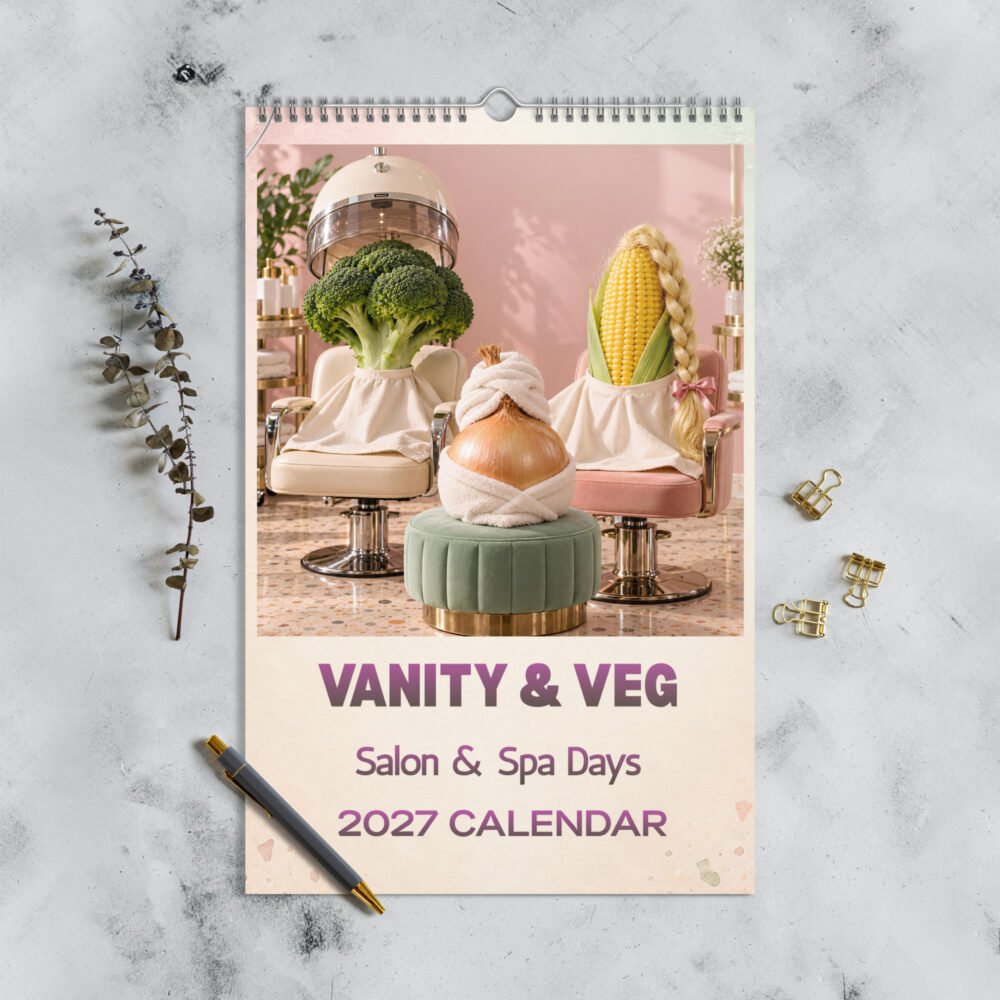 Vanity & Veg 2027 wall calendar with broccoli, braided sweetcorn and a towel-wrapped onion in a beauty salon