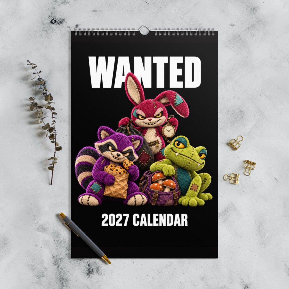 WANTED 2027 calendar cover featuring a raspberry plush rabbit, plum raccoon and green frog on a black background