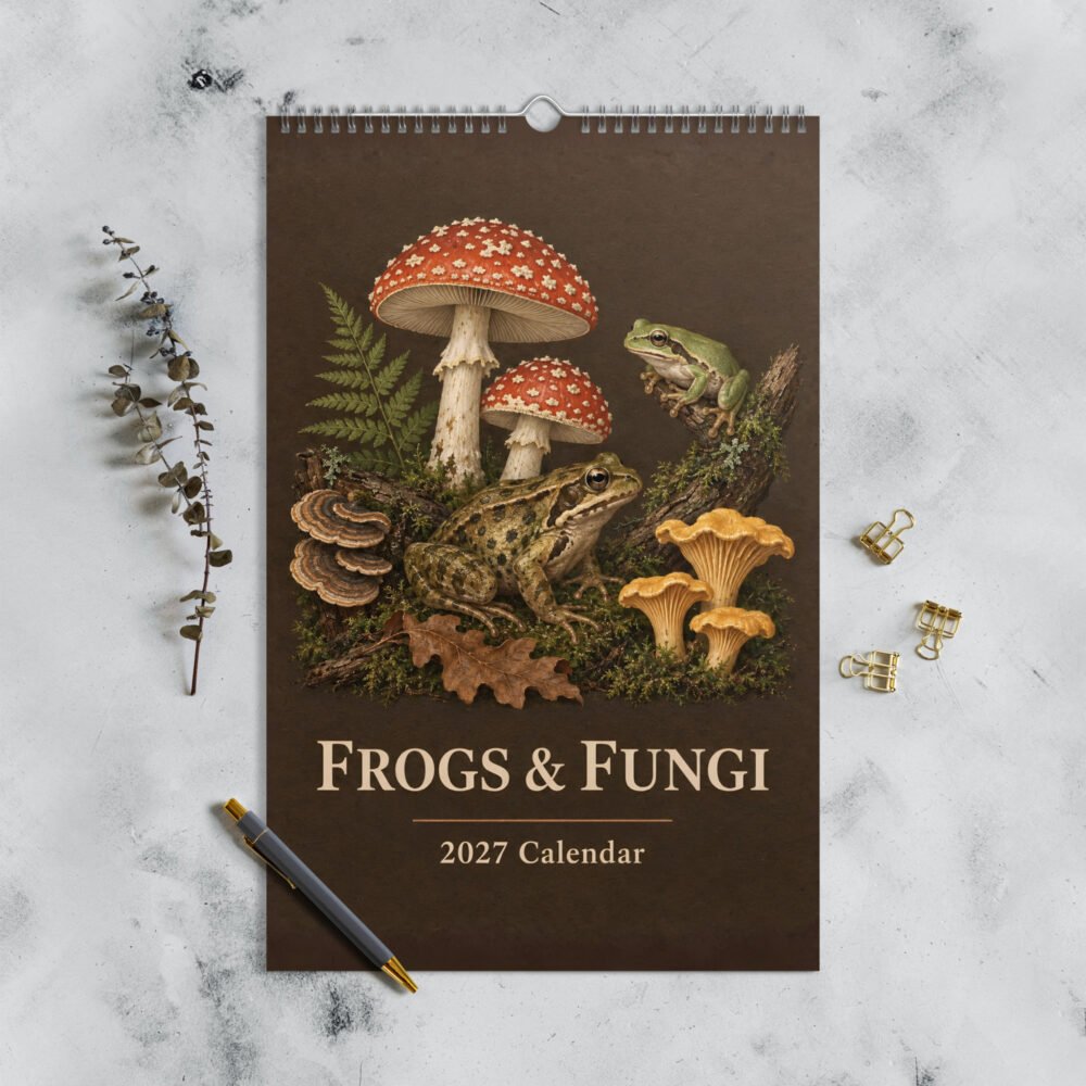Frogs & Fungi 2027 calendar cover with two frogs and woodland mushrooms on a dark vintage-style background.