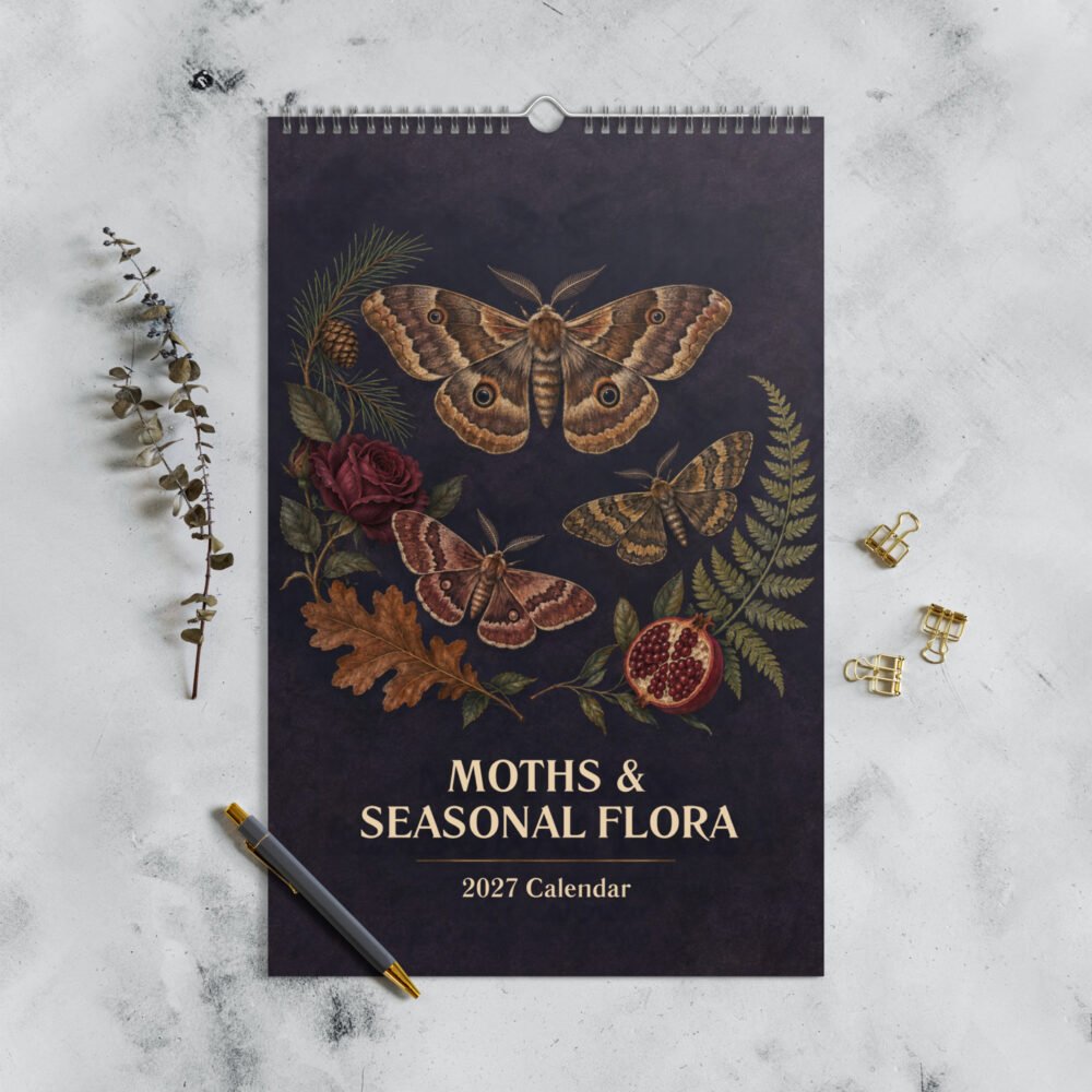 Cover of the 2027 Moths & Seasonal Flora calendar featuring three illustrated moths and seasonal botanicals on a dark vintage-style background.