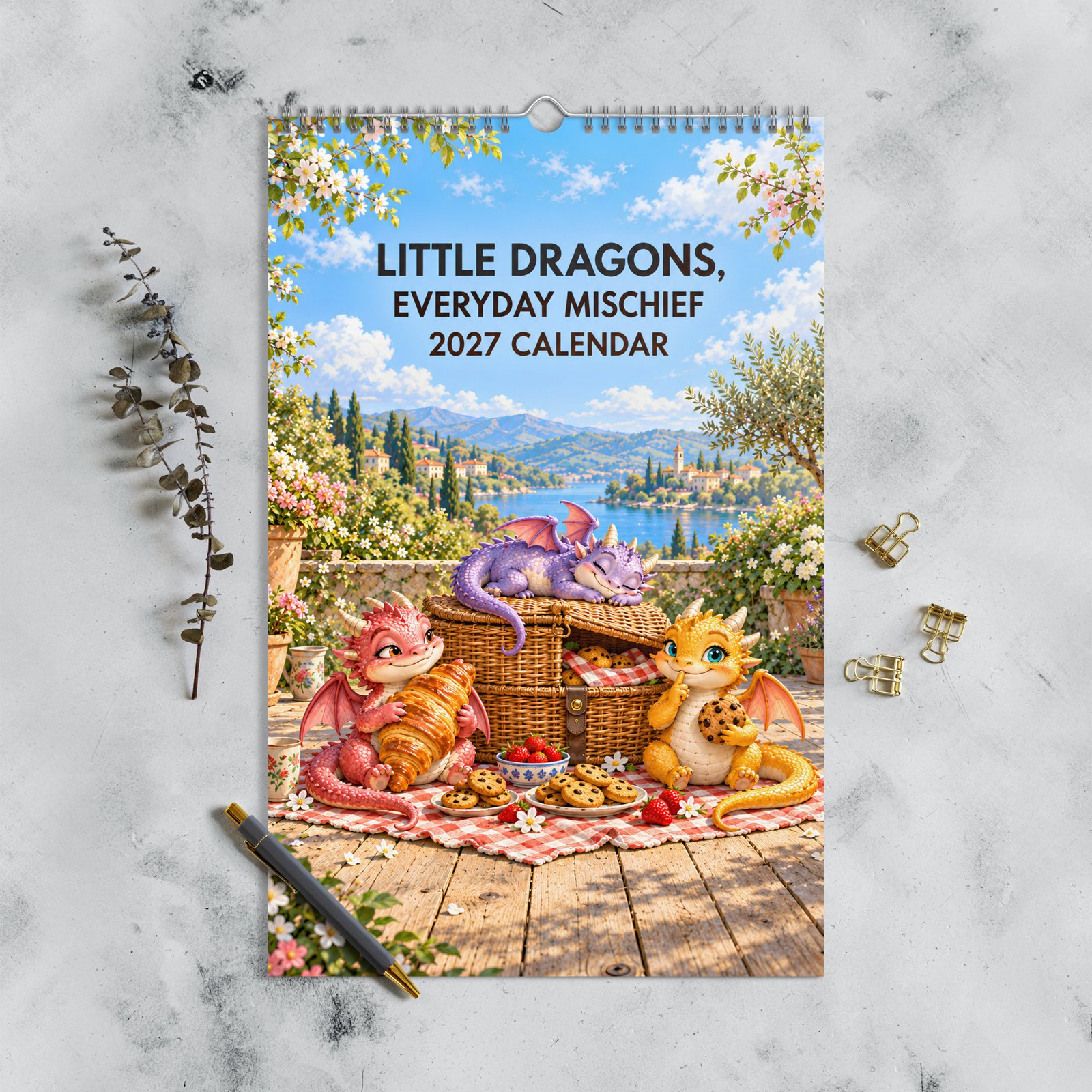Cover of the 2027 Little Dragons, Everyday Mischief wall calendar, featuring three colorful baby dragons sharing a playful picnic scene.