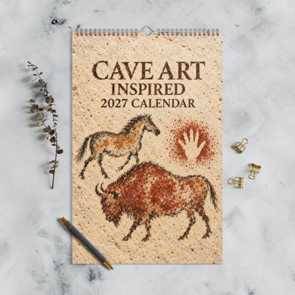 Cave Art Inspired 2027 calendar cover with a bison, horse and hand stencil in earthy pigments against a pale limestone-textured background.